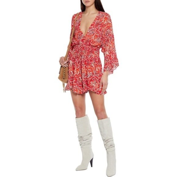 IRO Rhodey Frayed Ruffle Trim Crepe Playsuit 44 Red Romper Floral 12 - Picture 2 of 14